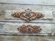 Non-Slip Wedding Garter Set w/Rose Gold Accents & Opal Stones- IVORY Lace