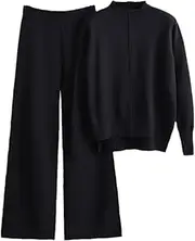 [UIOKLMJH] Vintage Ladies Sweater Set O-Neck Long Sleeve Pullovers High Waist Knitted Wide Leg Trousers Autumn Winter