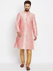 [Sojanya] Men's Dupion Silk Kurta Churidaar with Self Brocade Design in Front Medium Pink and Gold
