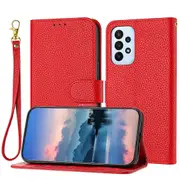 Galaxy A72 4G 5G Case Litchi Grain PU Leather Folio Cover Magnetic Closure Flip Wallet Card Slots Stand Case With Hand Strap, Brown - Red