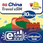 Happy 5G eSim China 30Days Unlimited Data Travel eSim | 15GB of 5G High-Speed Data Then 256kbps | Support iPhone & Android Devices | Easy Activation | No Need Registration