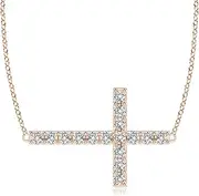 [Angara] Natural Prong-Set Diamond Horizontal Cross Pendant Necklace in 14ct Solid Gold for Women | April Birthstone Jewellery for Her