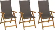 Folding Garden Chairs Set of 3 with Cushions, Solid Acacia Wood Reclining Outdoor Patio Chair, Wooden Dinning Chair for Deck, Balcony (Taupe)