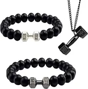 [BAIJAHUXI] Dumbell Bracelet, Weighted Bracelet For Men, Dumbbell Bracelet For Men, 8mm Volcanic Rock Bracelet Set Black Necklace, Gemstone