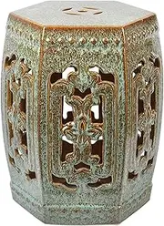 Ceramic Drum Table Decorative Garden stools, Decorative Ceramic Garden Stool, Kiln Green Six-Sided Hollow Shoe Changing Stool Drum Stool, Suitable for Outdoor Garden,