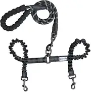 Zenify Double Dog Lead Dual Two Way Tangle Free Coupler Split Bungee Leash for Walking Multiple Pet 2 Dogs Puppies (Black Medium) (Black Medium Coupler with Lead)
