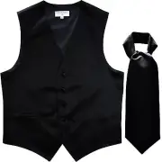 New Men's Solid Tuxedo Vest Waistcoat & Ascot Cravat Black Wedding formal prom