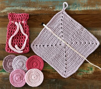 Reusable Face Scrubbies + Wash Cloth/Flannel + Mesh Soap Saver 100% cotton (E)