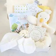 9 Newborn Baby Gifts Baby Shower - Includes Baby Essentials Keepsake Book, Baby Clothes, Baby Milestone Cards Goose Comforter Gift Boxed (Baby - Neutral)