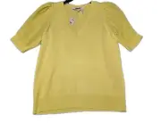 NWT DKNY Light Lemon Deep V Neck Sheer Knit Puff Sleeve Top Ladies Medium
