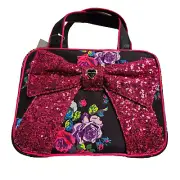 Betsey Johnson Cosmetic Weekender Make-Up Bag Black Floral Sequin Bow BBC1065