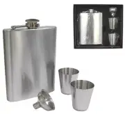 STAINLESS STEEL SILVER FLASK SET W FUNNEL AND SHOT GLASSES liquor hip holder new