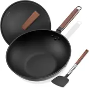 Versatile 13-Inch Flat Bottom Carbon Steel Wok with Stand-Free Lid & Spatula