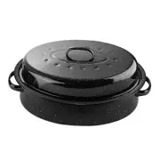 16Inch Roasting Pan, Enamel on Steel, Black Covered Oval Roaster Pan 16 inches