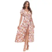 Nevenka Women Boho Summer Maxi Dress Side Split Deep V Neck Floral Dress-Pink