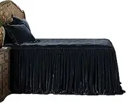 HiEnd Accents Stella Faux Silk Velvet 3 Piece Bedspread Set with 2 Pillow Shams, Super Queen, Midnight Blue, Ruffle Skirt Romantic Western Modern Traditional Bedding, 1 Bed Spread and 2 Pillow Cases