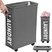 23inch Slim Laundry Basket 44L Storage Capacity Rolling Laundry Hamper on Wheels Collapsible Portable Laundry Baskets Multipurpose Freestanding Laundry Bin for Clothes Toys Yoga Mats (Dark Gray)