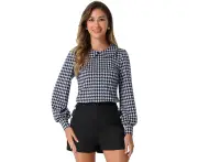 Allegra K Peter Pan Collar Puff Sleeve Houndstooth Blouse Navy Blue