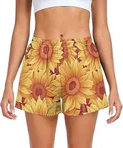 [FRODOTGV] Glowing Sunflowers Women's Athletic Shorts with Pockets Work Out Shorts for Running Lounging Fishing Hiking S
