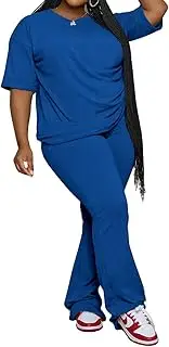 [PINSV] Womens Plus Size Sets 2 Piece Outfits Casual Short Sleeve Top and Flare Pants Tracksuit