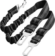 ACEmedia Adjustable Dog Seat Belt with Elastic Shock Absorption and Buffering, Nylon Telescopic Pet Seat Belt with Reflective Line, 2-Piece Car Seat Belt Set, Black.