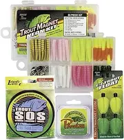 Trout Magnet Trout Fishing Gear Kit - Ultimate Neon Bundle - 85pc Grub Lure Set with Neon Bait and Hooks, 350 Yard Trout S.O.S. Line Spool, Fluorocarbon Phantom Leader Line, 4 E-ZTrout Floats