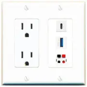 3 Port Power Outlet Cover Plug Jack UL 2 Gang SPEAKER USB-3 USBC Wall Plate