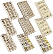 SPAKOWN Jewelry Organizer for Drawer, Adjustable Velvet Jewelry Tray, Stackable Necklace Organizer Earring Holder Organizer Ring Tray Jewelry Storage Display Drawer Inserts Set of 9 (Beige)