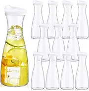 12 Packs Plastic Carafe with Lids 34 oz Clear Mimosa Juice Containers Acrylic Beverage Carafe Pitcher Drink Containers for Fridge Outdoor Iced Tea Powdered Juice Milk Coffee Party Mimosa Bar