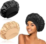 Heatunk 2Pcs Silk Hair Bonnets for Sleeping - Satin Sleep Caps with Soft Elastic Band for Curly Hair Protection (Black Gold)