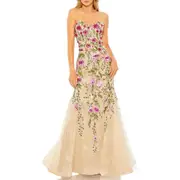 Mac Duggal Strapless Sheer Bustier Embroidered Mermaid Gown in Pink Multi at Nordstrom, Size 6