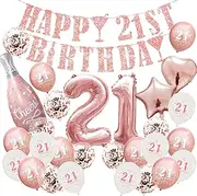 Rose Gold Birthday Party Decor Set with Happy Birthday Banner, Champagne Theme Decoration and Balloons - Multi-Item Pack for Milestone Celebrations (21)