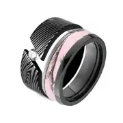 Damascus Steel Plated Pink Camo Titanium Black Wedding Band Ring Set Mokume Gane