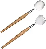 GRADENEVE 2pcs Stainless Steel Salad Fork and Spoon Set Wooden Handles Cutlery for Serving Salads Fruits and Everyday Meals Easy to Clean and Comfortable Grip