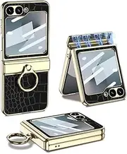 Magnetic Folding Crocodile-print Leather Case for Samsung Galaxy Z Flip 6, All-Inclusive Phone Protective Cover for Flip6, Anti-Drop Shell with A Electroplating Ring (Black, for Flip 6)