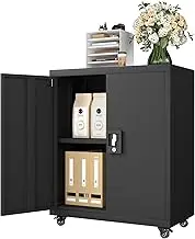 GREATMEET Metal Storage Cabinet with Locking Doors and Adjustable Shelves,31.5" H Steel Storage Cabinet with Wheels for Office,Home,Garage,Classroom Black