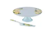 Ashdene Citrus Blooms New Bone China Footed Cake Stand & Server Set Blue Lemon