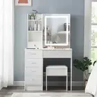 Dressing Table Stool Set Makeup Storage Desk LED Lights Makeup Mirror Drawers