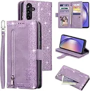 [UEEBAI] Wallet Case for Samsung Galaxy A54 5G, Retro 9 Card Holder Slots Zipper Pocket Handbag Case PU Leather Magnetic Closure Kickstand with Wrist Strap TPU Shockproof Flip Case - Glitter Purple