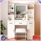 Makeup Dressing Table 3 Drawers Stool Set With Led Lights Mirror for Girls Gift