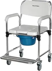 Equipmed Commode Shower Chair, Over Toilet or Bedside 136kg Capacity Aluminium Frame with Wheels, White/Blue