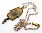 Michal Negrin Floral Hamsa Pendant Necklace, Swarovski Crystals & Glitter, NEW