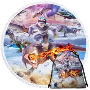 Funny Crazy Bigfoot Yeti Sasquatch Riding Dinosaur Round Beach Towel