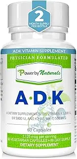 PbyN - ADK Vitamin - Dr Formulated - Purest, High Potency Vitamin A 5000 iu D3 5000 iu K2 (as MK-7) 500mcg, Supplement for Strong Bone, Immune, and Heart Health, Non GMO,No Soy, 60 Veggie Capsules