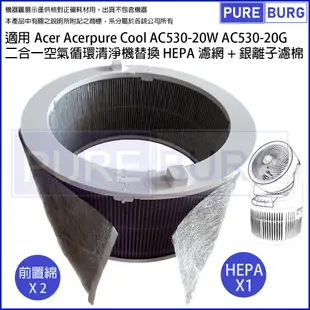 適用Acer宏碁Acerpure AC530-20W AC530-20G二合一空氣循環清淨機HEPA濾網芯+濾棉取代料號ACF071 ACF061