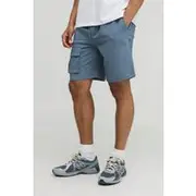 Mens Blue Elasticated Waist Relaxed Fit Crinkle Textured Cargo Shorts