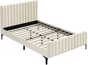 OIKITURE Velvet Bed Frame with Headboard, Wooden Bed Frame Platform Reinforced Bracket Support, Modern Design, Capacity 300KG, 206x146x104CM, for Kids Toddler and Adult, Beige