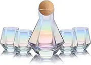 CUKBLESS Wine Decanter, Wine Glasses Set of 4, Diamond Iridescent Wine Carafe With Cork Ball Stopper, Hand Blown Glass, for Wine Lovers