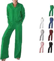 [Generic] Clockwisek Women's Solid Color V-Neck Top & Pants Two-Piece Set, Autumn Sports Long Sleeve Wide Leg Pants Suit