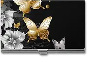 [VFMKT] Slim Metal Business Card Holder Portable Business Card Case Pocket Name Card Holder Gold White Butterflies Black Wallet for Men Women Office Travel, style, One Size